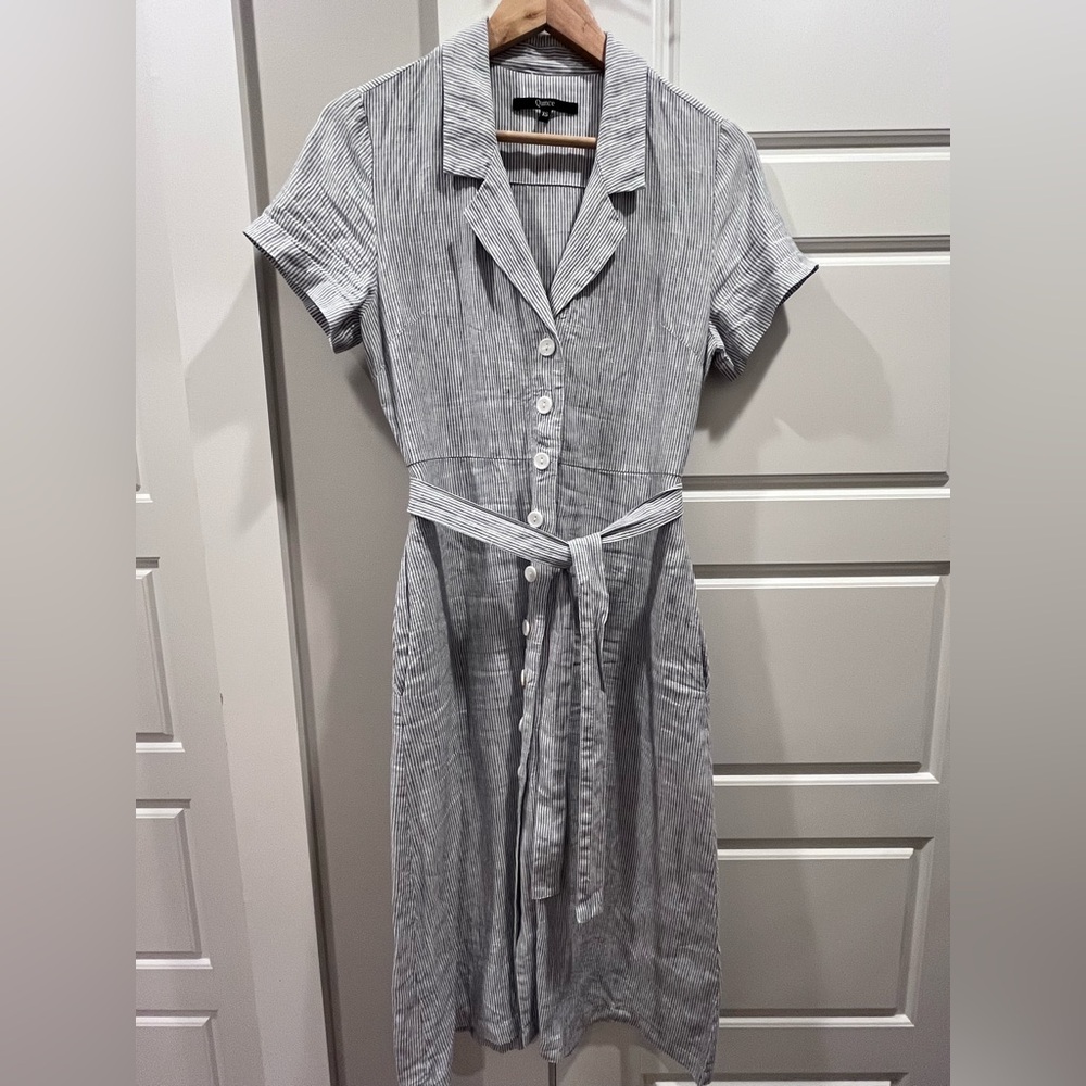 Quince 100% European linen button front dress blue pinstripe XS
